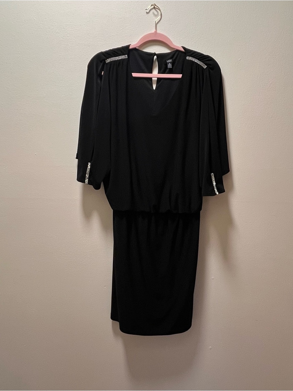 MSK Classic Glam Dressy Black Midi Dress With Rhinestone Detailing, Sz 10, Black